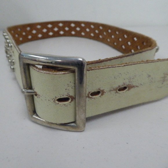 HTC LEATHER BELT 36 silver studs Italy white vintage antiqued look main image 8